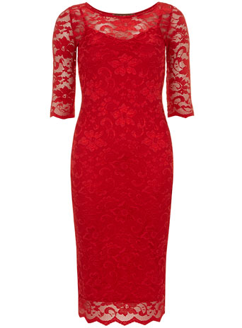 Red 3/4 Sleeve Lace Bodycon Dress Price: £32.99 click to visit Dorothy Perkins