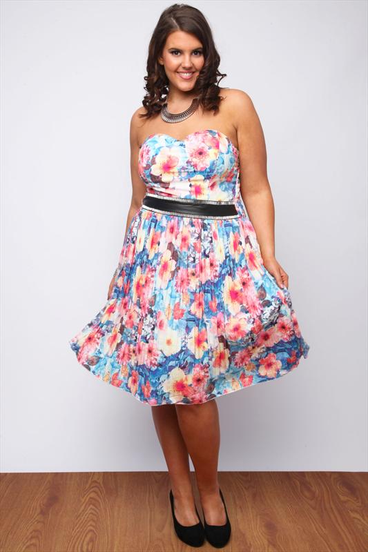 Blue And Pink Floral Printed Pleated Dress With PU Panel £45 click to visit Yours Clothing