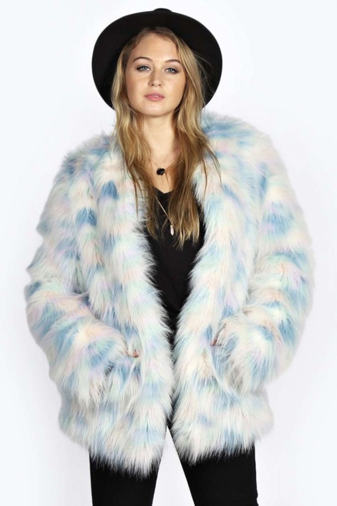 Katja Rainbow Pastel Faux Fur Coat £40 click to visit Boohoo