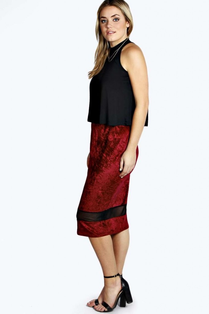 Erin Velvet Midi Skirt £12 click to visit Boohoo